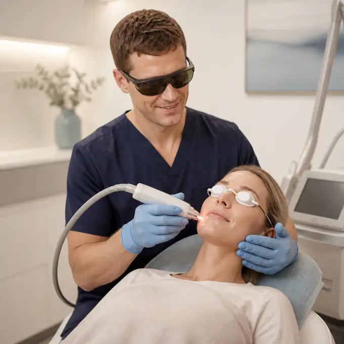 Laser light therapy session with protective eyewear